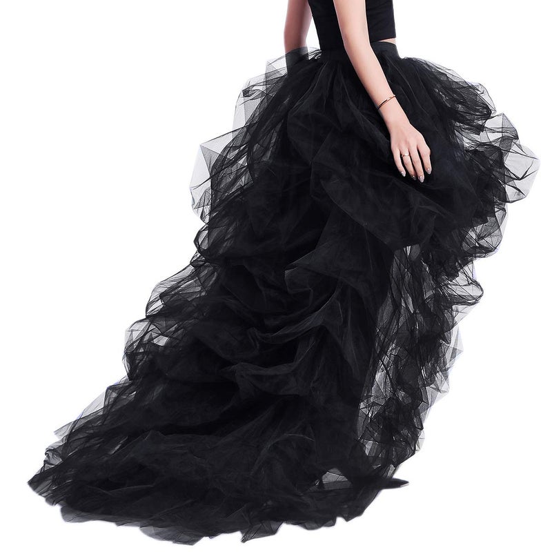 WDPL Women's Long High Low Skirts Maxi Ruffles Birthday Party Tulle Skirt (Black, Large) - Image 2