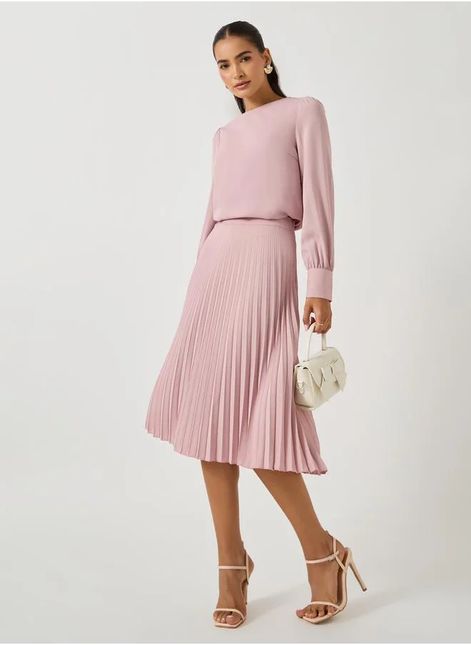 Styli Styli Plain Volume Sleeves Top and Pleated Skirt Co-Ords