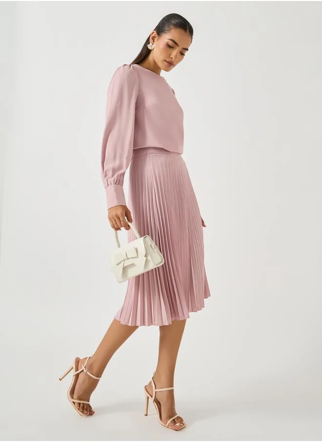 Styli Styli Plain Volume Sleeves Top and Pleated Skirt Co-Ords