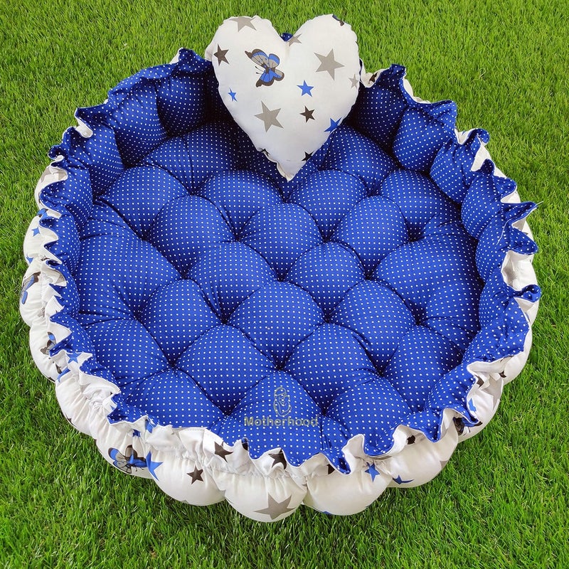 MOTHERHOOD MOTHERHOOD Round Baby Tub Bed 1 Pc HeartShaped Pillow Luxury Mattress Sleeper Bedding Set coSleeper Safe Cotton Fabric with RFilled UltraSoft Comfortable for Newborn to Toddlers Blue - Image 1