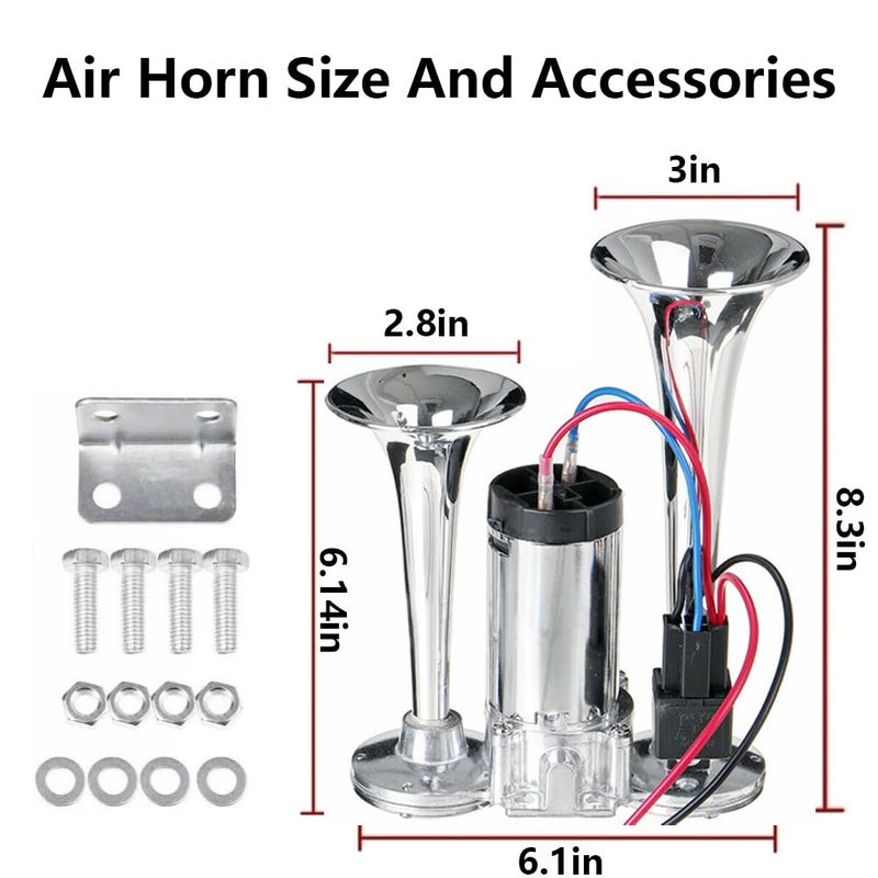 Onimento 12V 600DB Super Loud Dual Electric Air Horns Kit with Compressor Applicablefor Any 12V Vehicles SUV Truck Car Airhorns Horn Loud Motorcycle Trucks Boats Trains Speaker (Silvery) - Image 2
