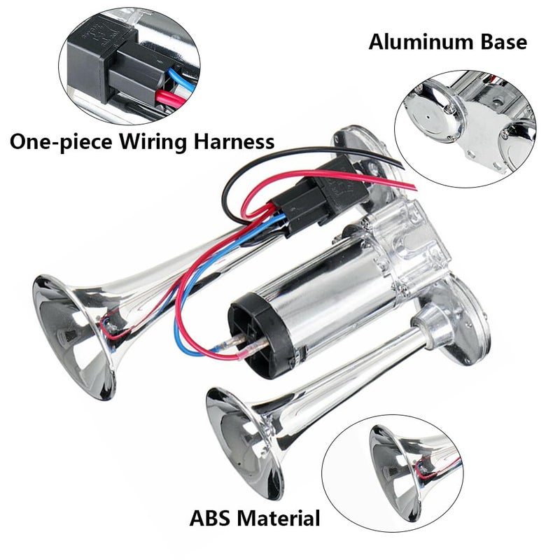 Onimento 12V 600DB Super Loud Dual Electric Air Horns Kit with Compressor Applicablefor Any 12V Vehicles SUV Truck Car Airhorns Horn Loud Motorcycle Trucks Boats Trains Speaker (Silvery) - Image 3