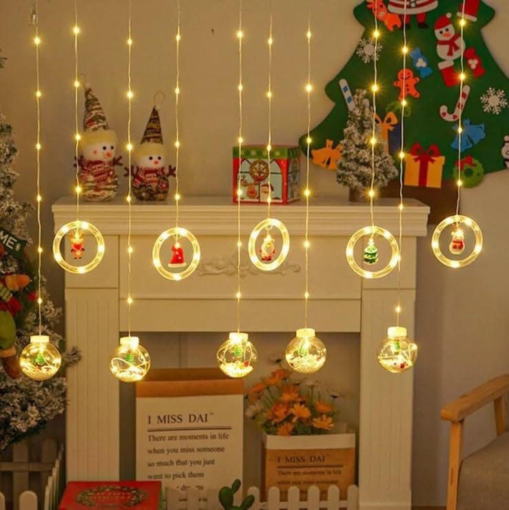 Chronos Christmas Rings Balls Curtain Lights Window Curtain Hanging Light with 8 Flashing Modes Decoration Light for Christmas Home Office Warm White - Image 1