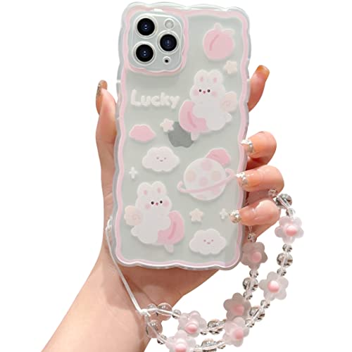 ZSYTZL Compatible with iPhone 11 Pro Case Clear Cute Cartoon Peach Rabbit Pattern with Cute Chain Design for Women Girls Kawaii Slim Soft TPU Case for iPhone 11 ProPeach Rabbit - Image 1
