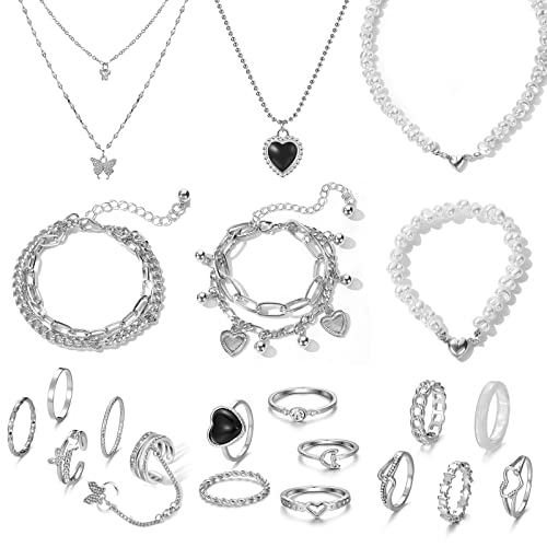 IFKM 21 PC Silver Plated Jewelry Set with 3 Necklace, 3 Bracelet, 15 Knuckle Rings for Women - Valentine, Anniversary, Birthday, Friendship - Cute Fashion Gifts - Image 1