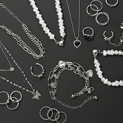 IFKM 21 PC Silver Plated Jewelry Set with 3 Necklace, 3 Bracelet, 15 Knuckle Rings for Women - Valentine, Anniversary, Birthday, Friendship - Cute Fashion Gifts - Image 2