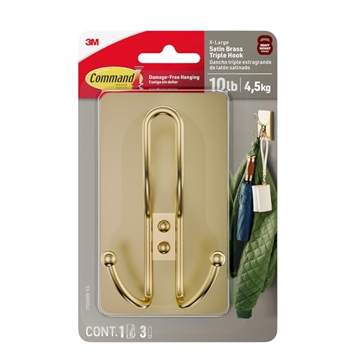 Command X-Large Satin Brass Triple Hook, 1 Hook, 3 Strips, Damage-Free Hanging with Adhesive Strips, No Tools Wall Hook for Hanging Decorations in Living Spaces - Image 1