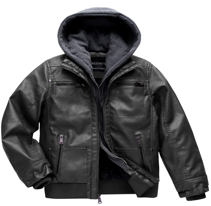 CREATMO US Boy Faux Leather Jacket Motorcycle Jacket Winter Jacket Zipper Flight Pleather Jacket Black 1416