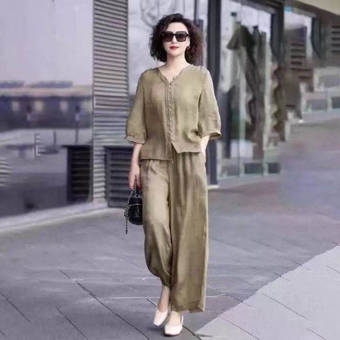 Suit Women Slim Summer Casual Korean Middle-Aged Mother Upper Collar Wide Leg Pants Two-Piece Set - Image 1