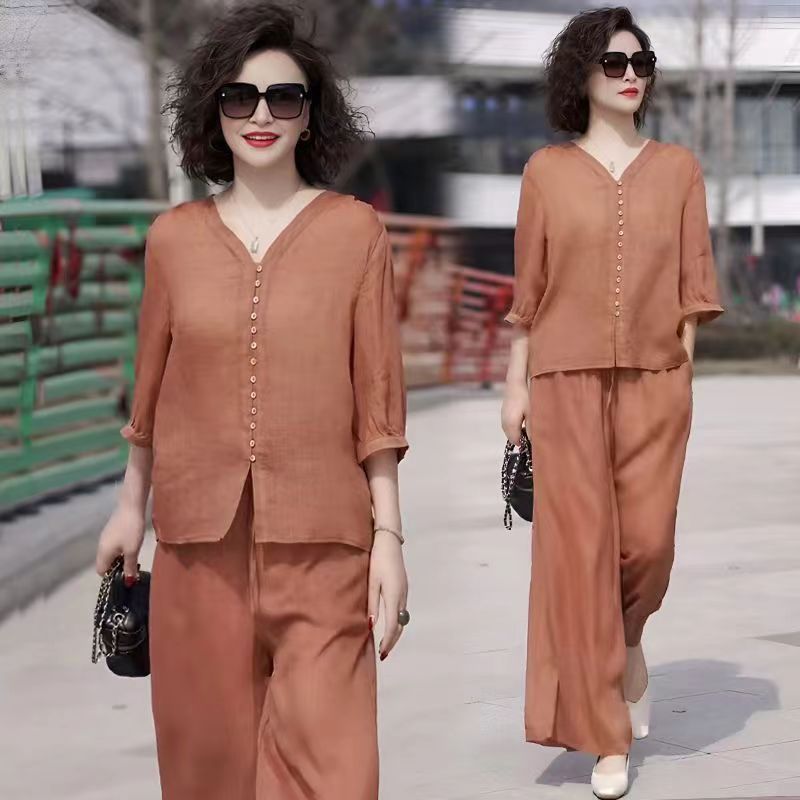 Suit Women Slim Summer Casual Korean Middle-Aged Mother Upper Collar Wide Leg Pants Two-Piece Set - Image 3