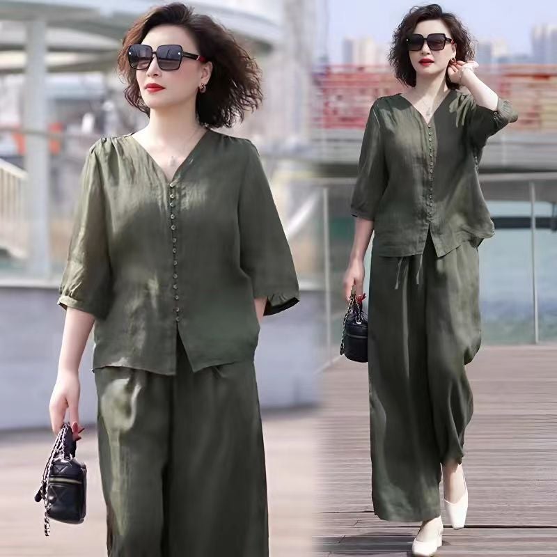 Suit Women Slim Summer Casual Korean Middle-Aged Mother Upper Collar Wide Leg Pants Two-Piece Set - Image 4