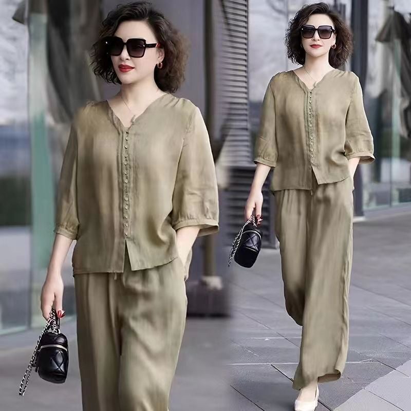 Suit Women Slim Summer Casual Korean Middle-Aged Mother Upper Collar Wide Leg Pants Two-Piece Set - Image 2