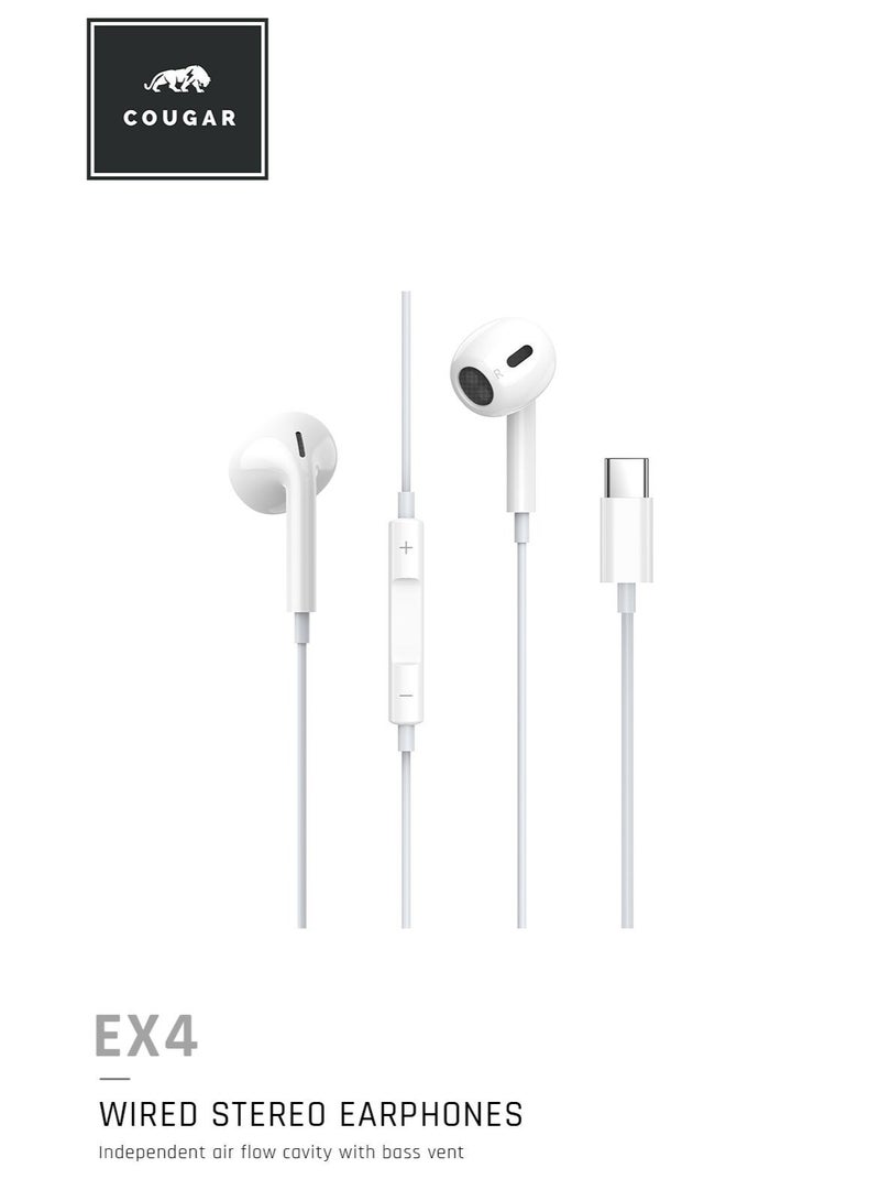 Cougar USB-C Wired Earphones with Microphone, In-Line Remote and Volume Control, Stereo Type-C Earbuds for Compatible Smartphones, Tablets and Laptops, White - Image 1
