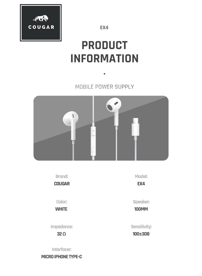 Cougar USB-C Wired Earphones with Microphone, In-Line Remote and Volume Control, Stereo Type-C Earbuds for Compatible Smartphones, Tablets and Laptops, White - Image 5
