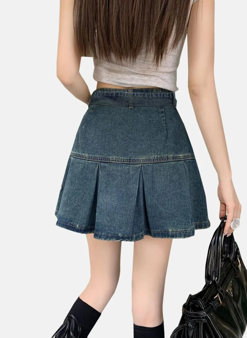 يونيكي Blue Solid Denim Mini Skirt