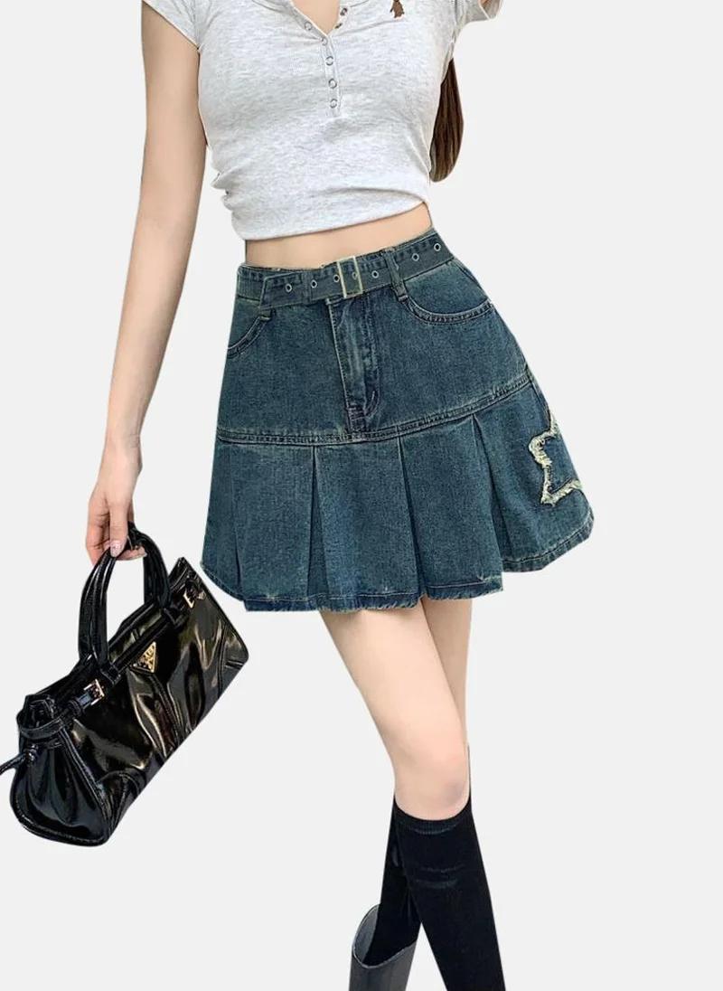 يونيكي Blue Solid Denim Mini Skirt