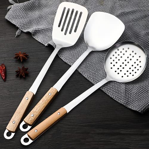 pepplo® Spatula & Skimmers & Flipper Tool Set, Best Turner, 304 Stainless Steel with Heat Resistant Wooden Handle Wok Utensils for Daily Use, 14Inch (Set of 3PCS) - Image 1