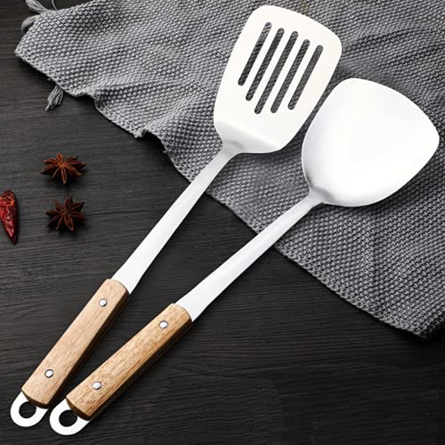 pepplo® Spatula & Skimmers & Flipper Tool Set, Best Turner, 304 Stainless Steel with Heat Resistant Wooden Handle Wok Utensils for Daily Use, 14Inch (Set of 3PCS) - Image 5