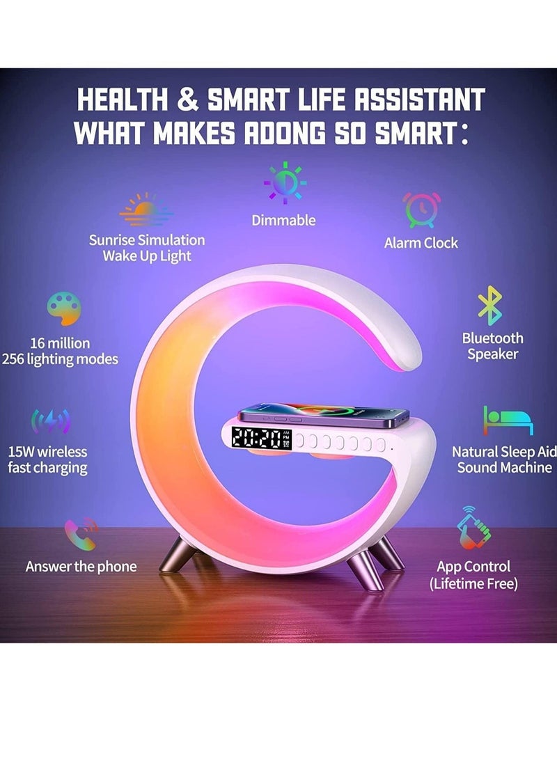 ELTRAZONE مكبر صوت بلوتوث ذكي شاحن هاتف لاسلكي ضوء LED، ضوء ليلي متعدد الوظائف RGB ومحطة شحن، ساعة منبه ذكية لغرفة النوم، مصباح مكتب ذكي يتحكم به عبر التطبيق - Image 4