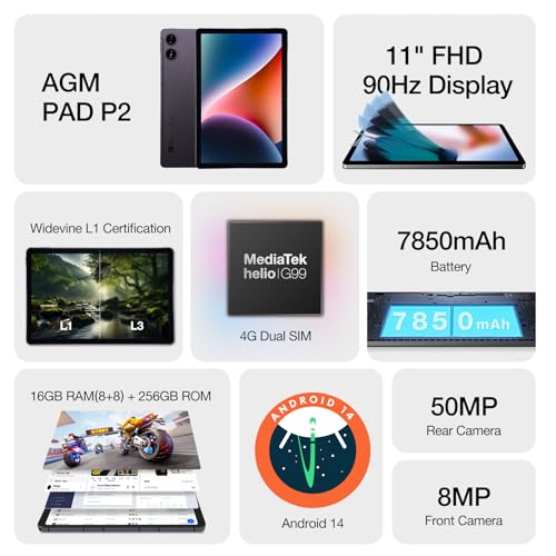 AGM P2 Android 14 Tablet with Gemini AI 11 Inch 90Hz FHD IPS DisplayWidevine L1 MTK G99 Processor 16GB RAM 256GB ROM 2TB TF 50MP8MP 5G WiFiBTGPSGMS 12H Battery Keyboard Pen Included - Image 3