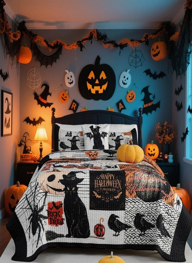 EVENHUG Halloween Theme Queen Size Quilt Bedding Set with 3 Pillow Shams Lightweight Soft Bedspread Coverlet Halloween Holiday Bed Cover for Bedroom Home Decoration (4 Pieces) - Image 1