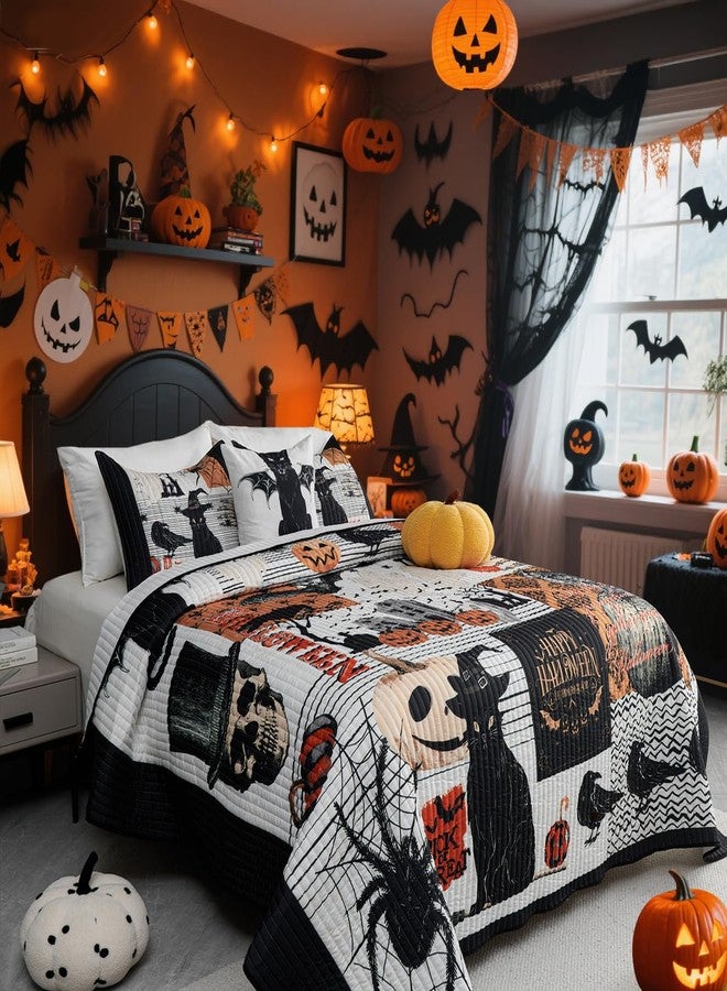 EVENHUG Halloween Theme Queen Size Quilt Bedding Set with 3 Pillow Shams Lightweight Soft Bedspread Coverlet Halloween Holiday Bed Cover for Bedroom Home Decoration (4 Pieces) - Image 2