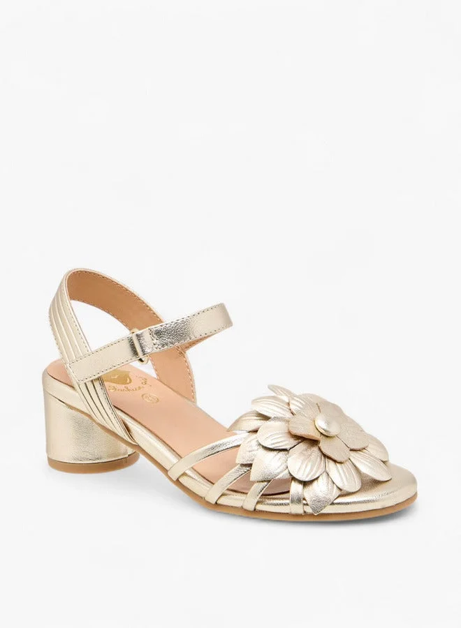 Pablosky Girls' Floral Accent Block Heeled Sandals with Hook and Loop Closure