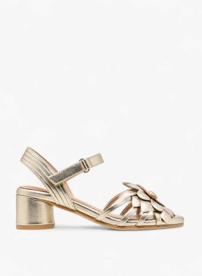 بابلوسكي صنادل بكعب عريض بزخارف زهور للبنات بإغلاق لاصق