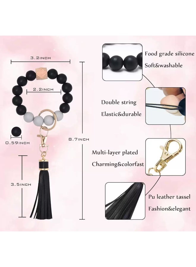 Silicone Beaded Bracelet with Keychain Wristband Keychain Bracelet for Women with Leather Tassel (Car Key Not Included) - Image 3