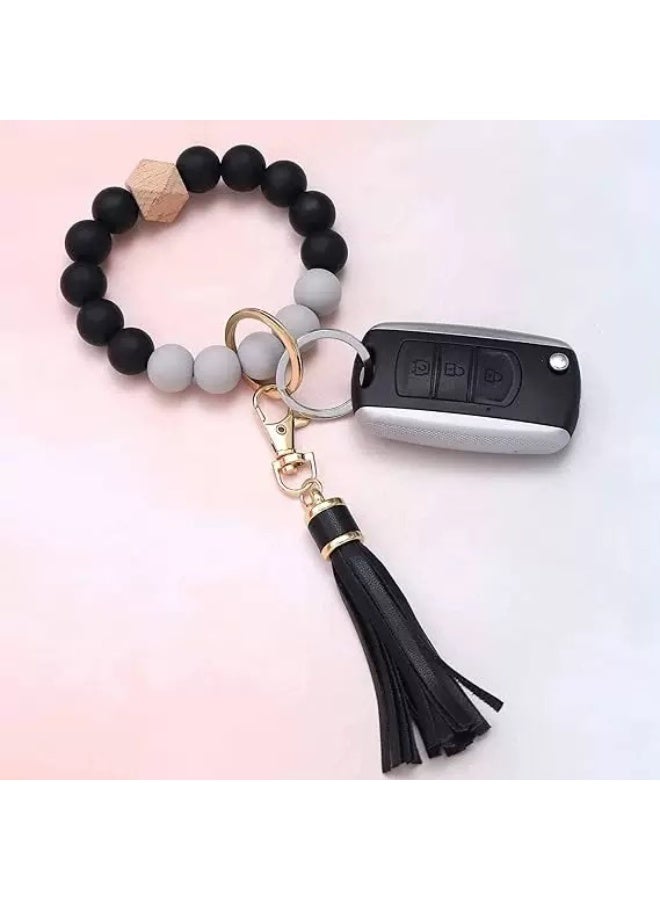Silicone Beaded Bracelet with Keychain Wristband Keychain Bracelet for Women with Leather Tassel (Car Key Not Included) - Image 2