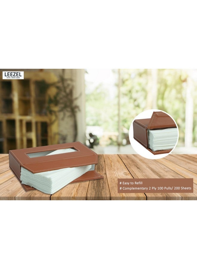 LEEZEL Tissue Box Holder - Tissue Holder - Car Tissue Box Holder - Tissue Dispenser for Bathroom - Leather Tissue Box - Napkin Box (Complementary- 2 Ply 100 Pulls Facial Tissue) (Tan) - Image 3