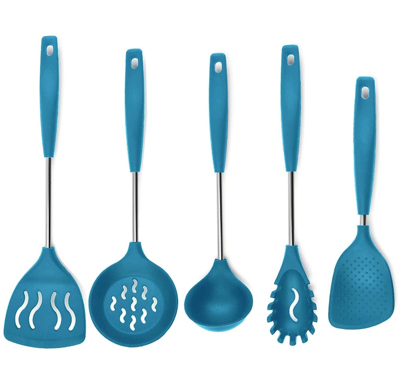 P-Plus International P-Plus International Ladle Set for Kitchen Pasta Server - Silicone Noodle Spatula - Rice Serving Spoons Non-Stick Rice Spoon - Puri Strainer for Frying Silicon Spatula - Dosa Karandi (Set of 5, Blue) - Image 1