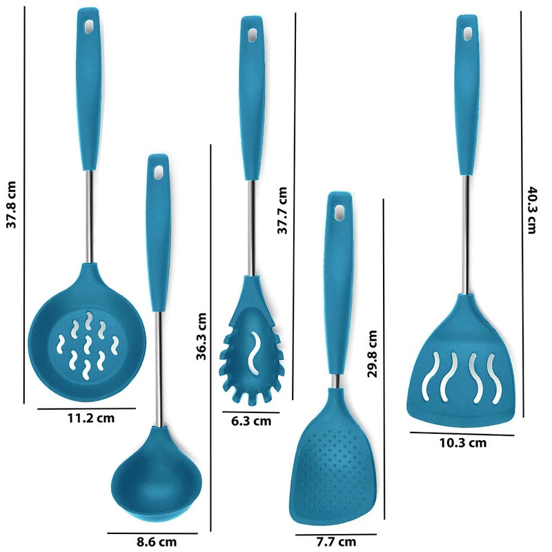 P-Plus International P-Plus International Ladle Set for Kitchen Pasta Server - Silicone Noodle Spatula - Rice Serving Spoons Non-Stick Rice Spoon - Puri Strainer for Frying Silicon Spatula - Dosa Karandi (Set of 5, Blue) - Image 2