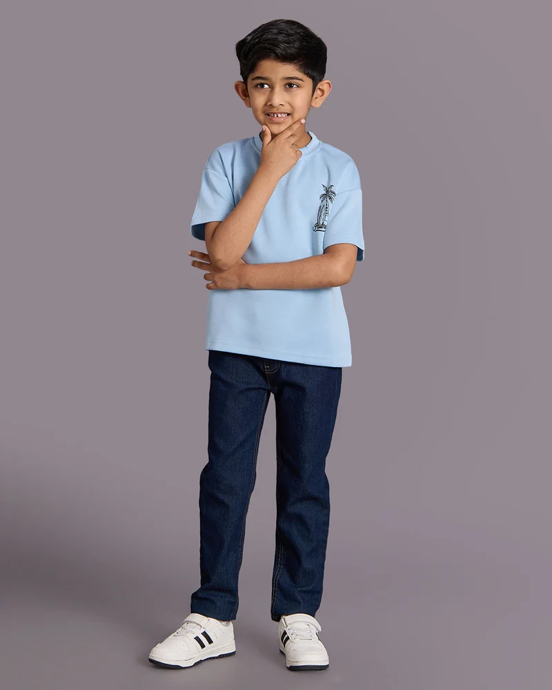 Redtag Boys Blue Printed Scuba Fabric T-shirt