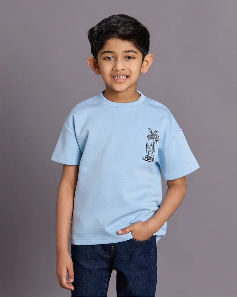 Redtag Boys Blue Printed Scuba Fabric T-shirt