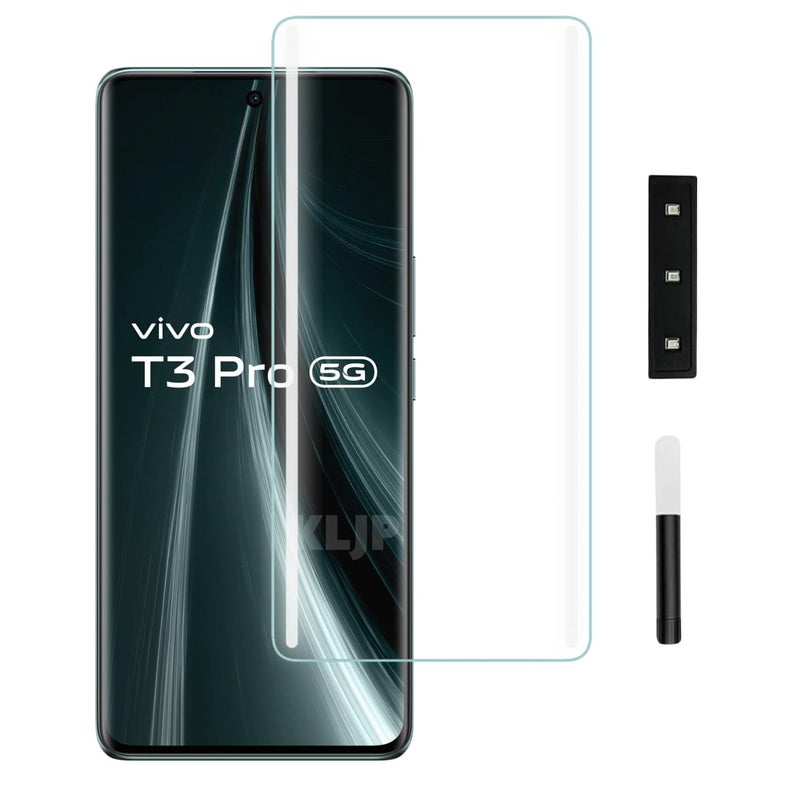 KLJP HD+ UV Tempered Glass Screen Protector Guard Compatible For Vivo T3 Pro (Pack of 1) Full Adhesive UV Curved Case Friendly HD+ Clarity - Image 1