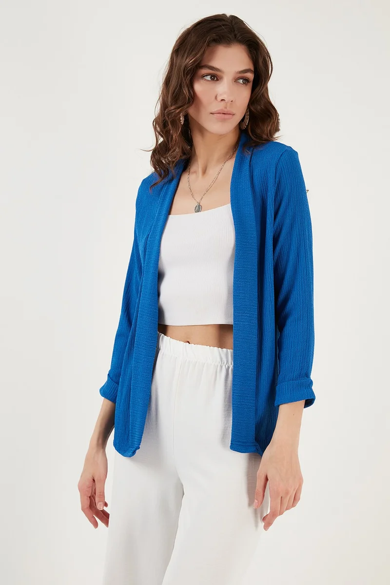 Lela Collar and Sleeve Folded Seersucker Kimono Cardigan Women's Cardigan 5869014
