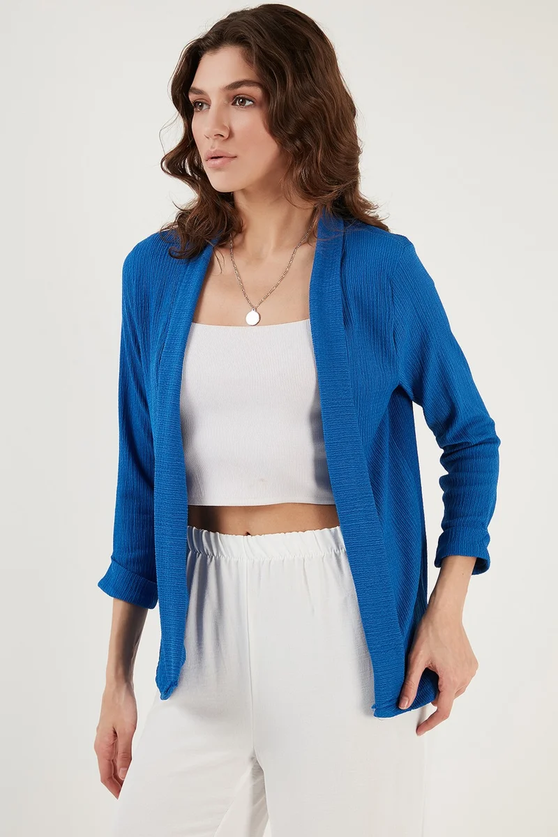 Lela Collar and Sleeve Folded Seersucker Kimono Cardigan Women's Cardigan 5869014