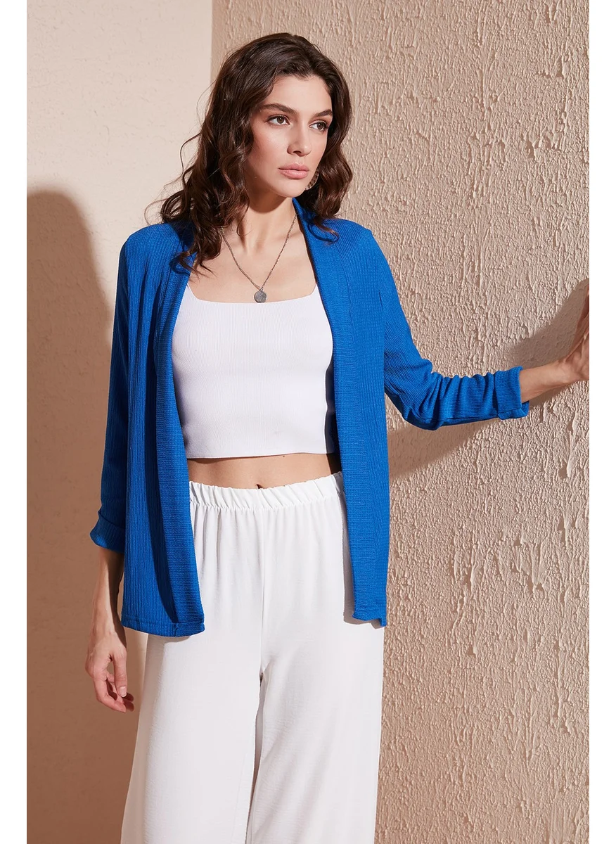 ليلا Collar and Sleeve Folded Seersucker Kimono Cardigan Women's Cardigan 5869014