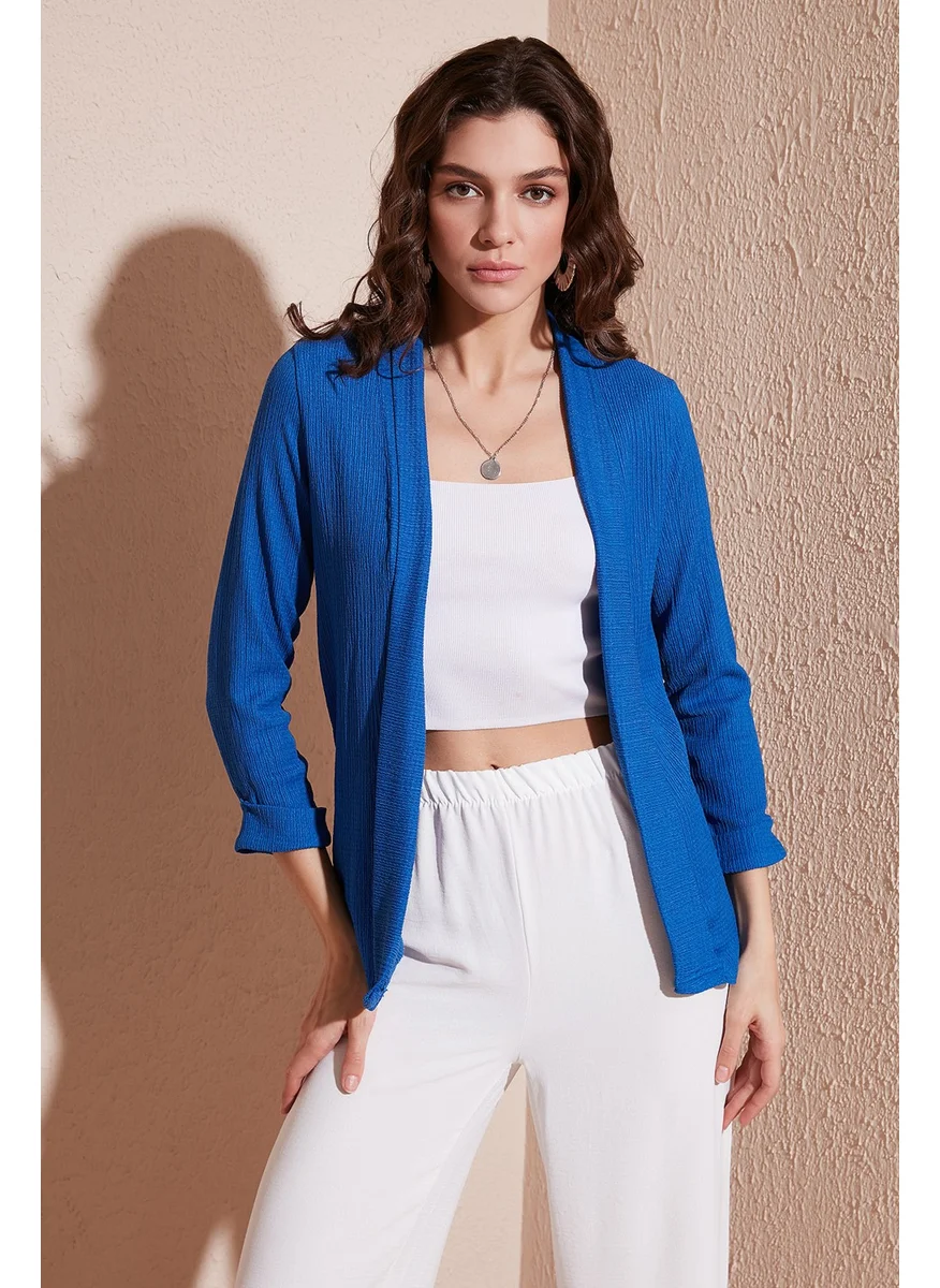 ليلا Collar and Sleeve Folded Seersucker Kimono Cardigan Women's Cardigan 5869014