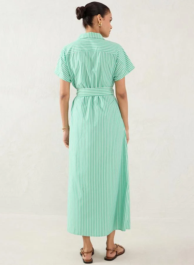فيميلا Femmella Green Striped Button Down Shirt Maxi Dress with Belt Detail