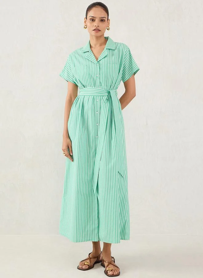 فيميلا Femmella Green Striped Button Down Shirt Maxi Dress with Belt Detail