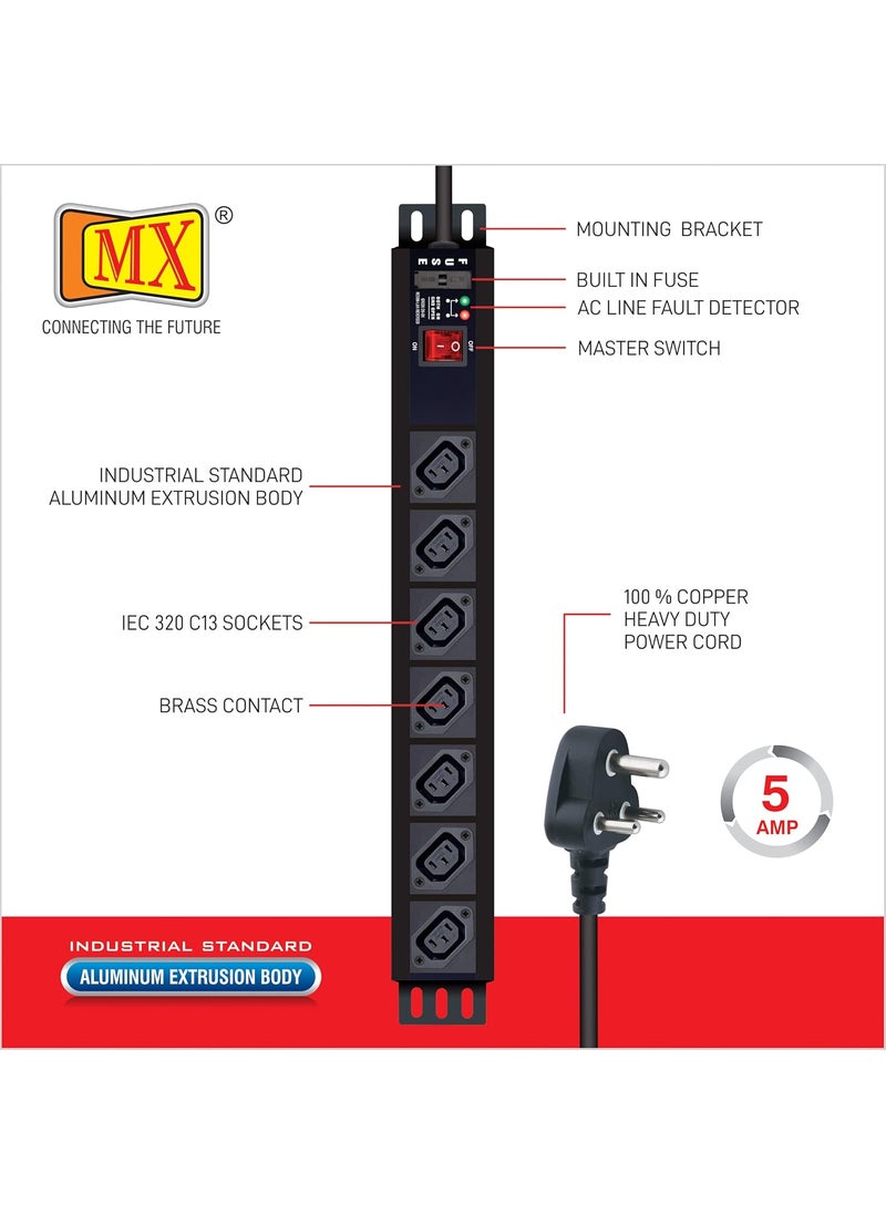 MX MX 7 Outlet 10 AMP IEC 320 C13 Socket Power Strip Extension Board with Built in Fuse Master Switch WallRack Mount Heavy Duty 15m Power Cord  - Image 3