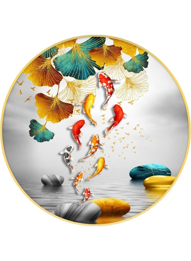 Bliss Vie BLISS VIE Modern Retro Trend Decor Luxury Style Round Wall Painting Wall Art for Bedroom Living Room, with Crystal Porcelain Aluminum Alloy Frame 50x50 cm / 1.3 Fish  - Image 1