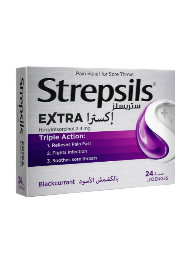 Strepsils Extra Blackcurrant Lozenges 24's – Sore Throat Relief – Soothing Throat Lozenges - Image 1