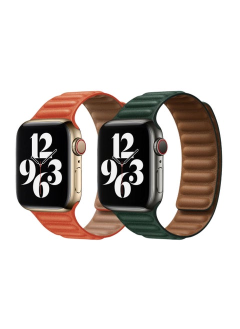 For Apple Watch Leather Link Band Strap iWatch Series 40/44/41/45mm Rose Jupitur Orange Strap with Sequoia Green Strap