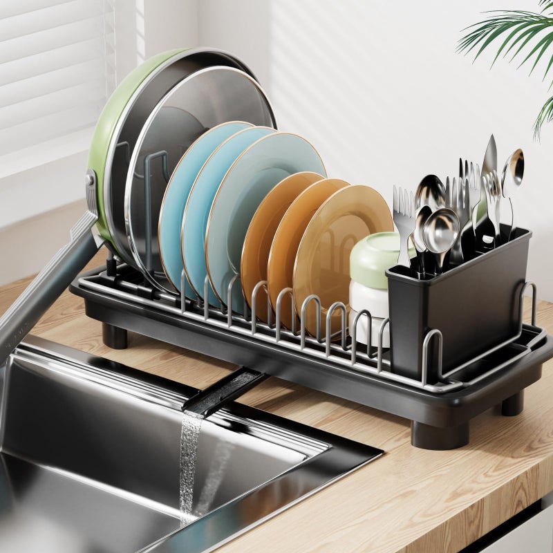 Laveshop Small Dish Drying Rack Compact Dish Drainer for Kitchen Counter with Adjustable Back Slots SpaceSaving for Small Kitchens Black - Image 2