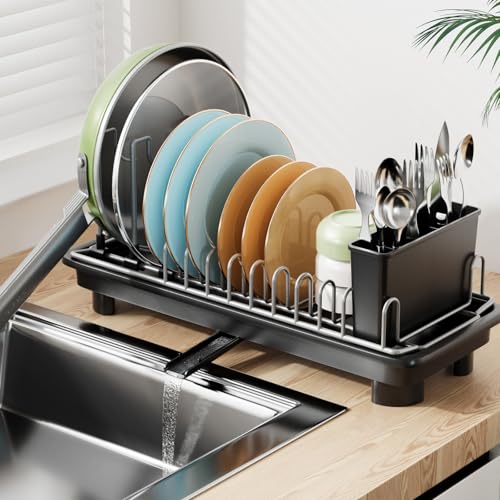 Laveshop Small Dish Drying Rack Compact Dish Drainer for Kitchen Counter with Adjustable Back Slots SpaceSaving for Small Kitchens Black - Image 1