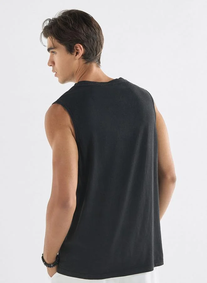 Splash FAV Typographic Print Sleeveless T-shirt with Crew Neck