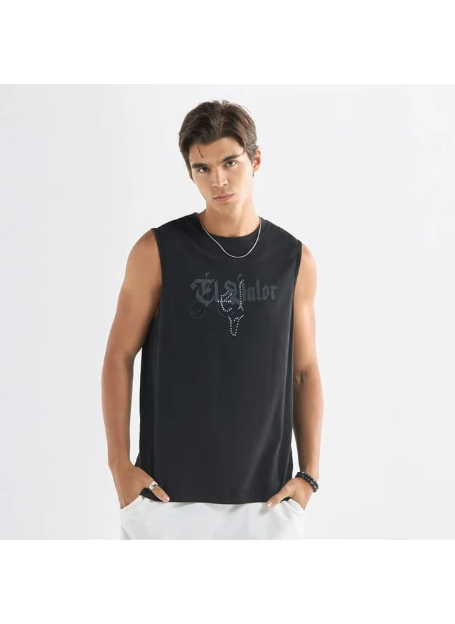 FAV Typographic Print Sleeveless T-shirt with Crew Neck